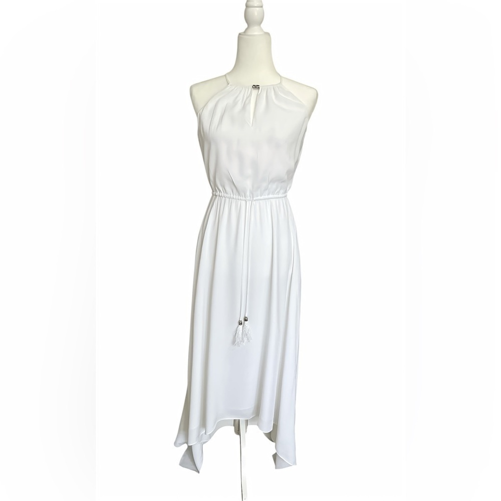 White House Black Market Halter Maxi Dress XXS White Asymmetrical Hem 100% Rayon